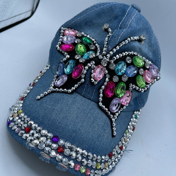 Alabama Girl Accessories - Alabama Girl Denim Butterfly Rhinestone Hat Y2K Bling Adjustable Cap